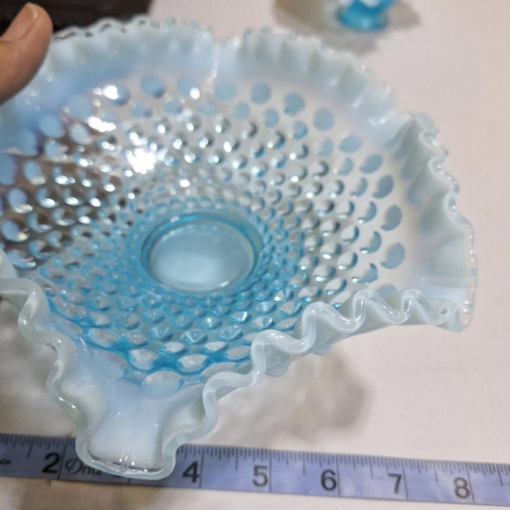 Vintage Fenton Blue Opalescent Hobnail Ruffled Bowl & Basket Set Milk Glass